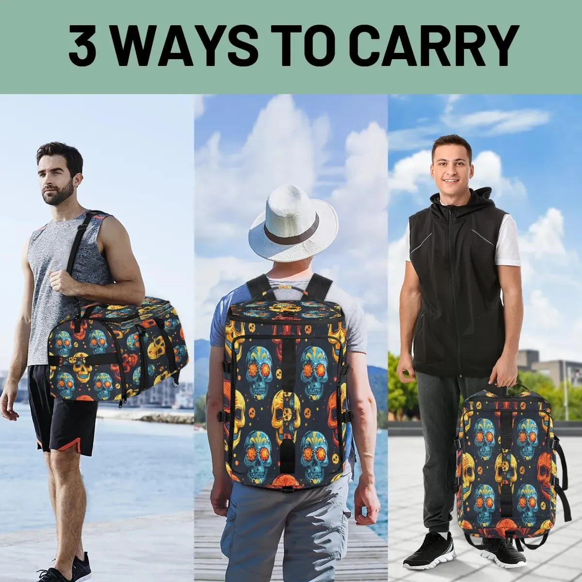 Large Carry on Backpack for Women Men Multi-function Gym Duffle Bag Cute Skulls Backpack Polyester Waterproof Duffel Bags