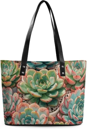 Large Grocery Bags Beach Tote Watercolor Succulent Flower Bag for Women Shoulder Bag for Travel Work Handbag