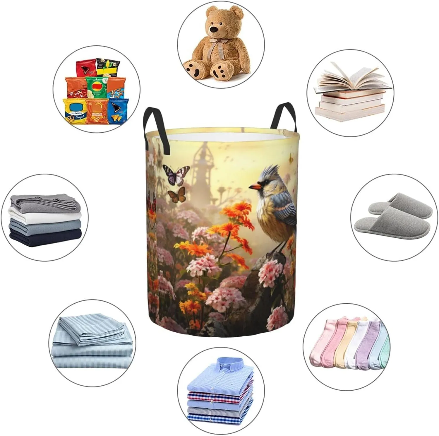 Laundry Basket Freestanding Laundry Hamper Sparrow Birds Sing Laundry Baskets Dirty Clothes Hamper for Laundry Circular Storage Basket Collapsible Storage Bag for Bedroom