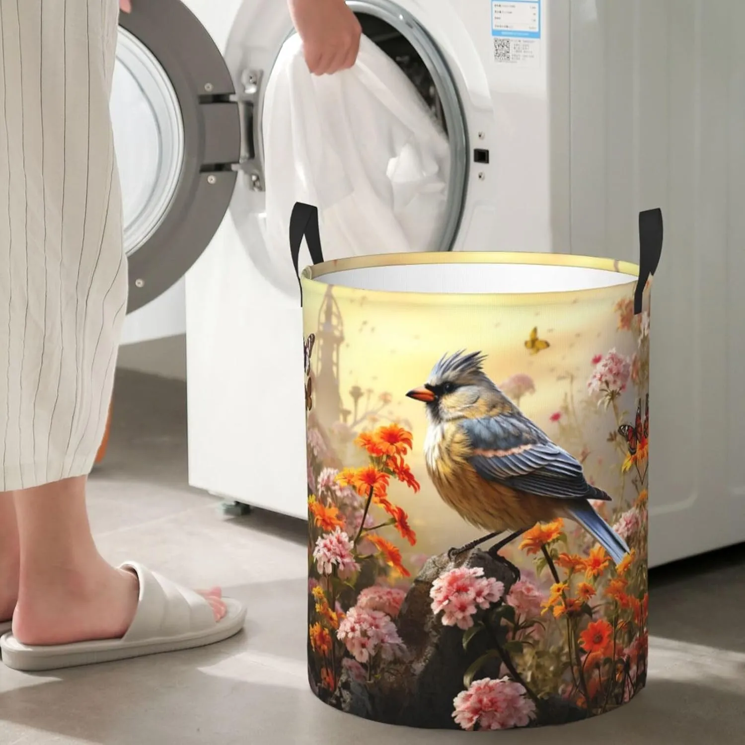 Laundry Basket Freestanding Laundry Hamper Sparrow Birds Sing Laundry Baskets Dirty Clothes Hamper for Laundry Circular Storage Basket Collapsible Storage Bag for Bedroom