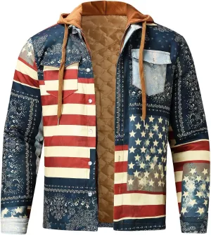 LCMTWX Men's Cotton Plaid Shirts Jacket Print Hooded Zipper Pocket Long Sleeve Shirt Patchwork Soft Warm Coat for Men with