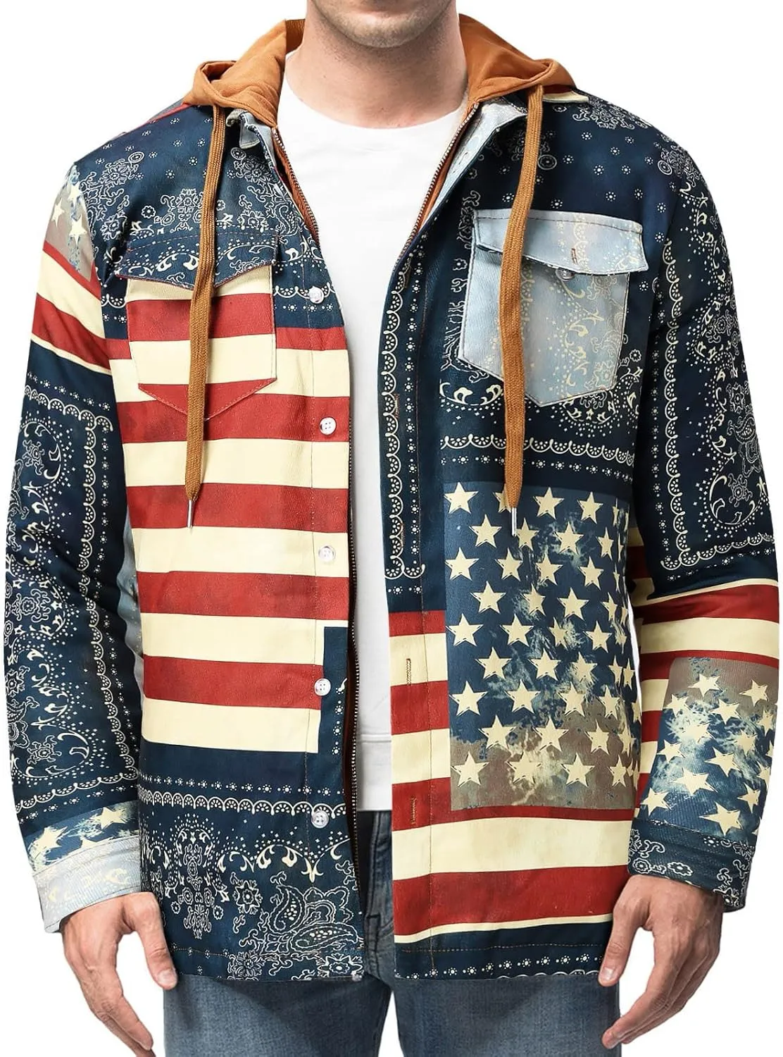 LCMTWX Men's Cotton Plaid Shirts Jacket Print Hooded Zipper Pocket Long Sleeve Shirt Patchwork Soft Warm Coat for Men with