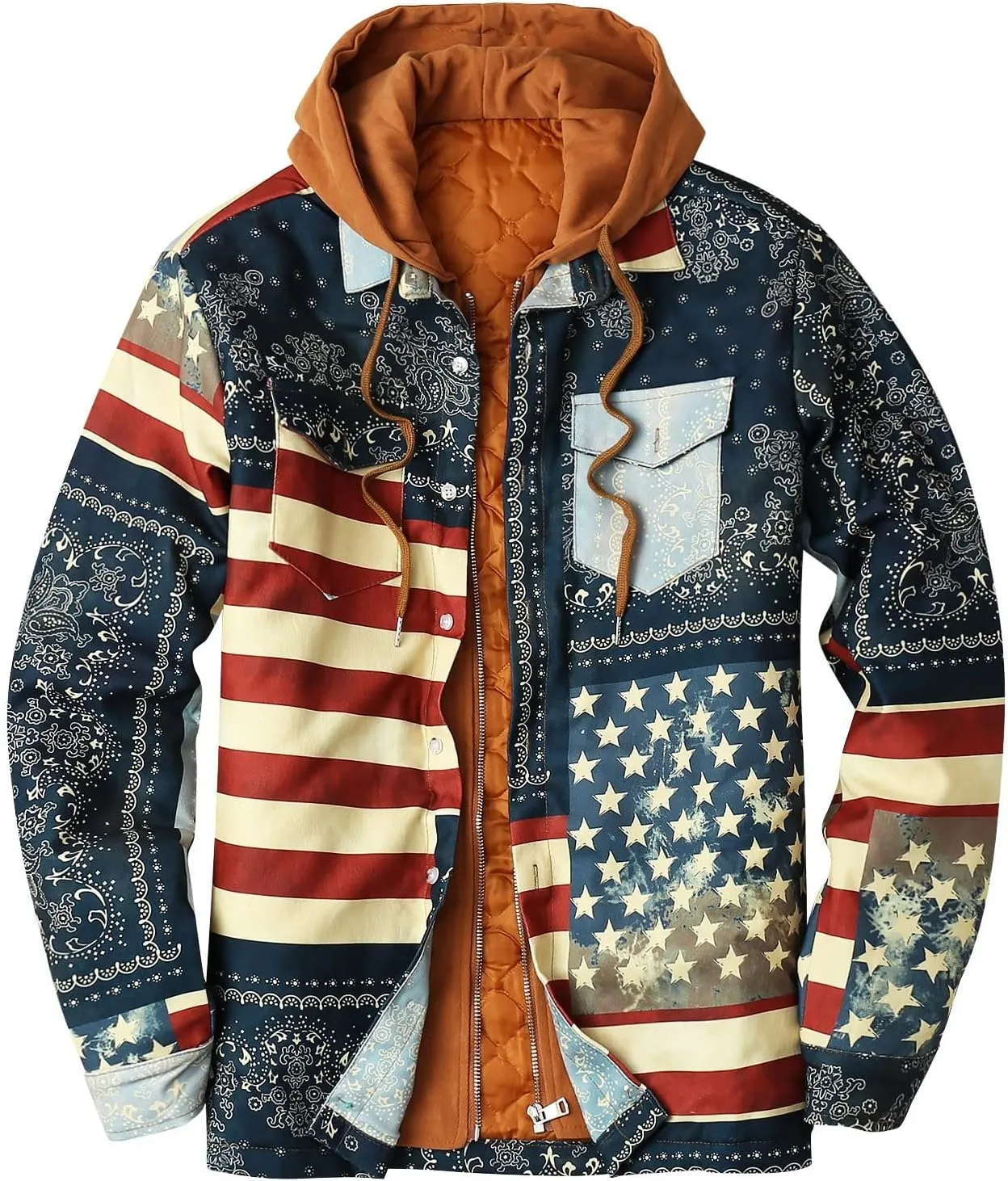 LCMTWX Men's Cotton Plaid Shirts Jacket Print Hooded Zipper Pocket Long Sleeve Shirt Patchwork Soft Warm Coat for Men with
