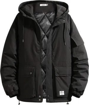 LCMTWX Men's Fleece Flannel Jackets Print Hooded Zipper Pocket Long Sleeve Shirt Patchwork Jacket Casual Loose Thickened
