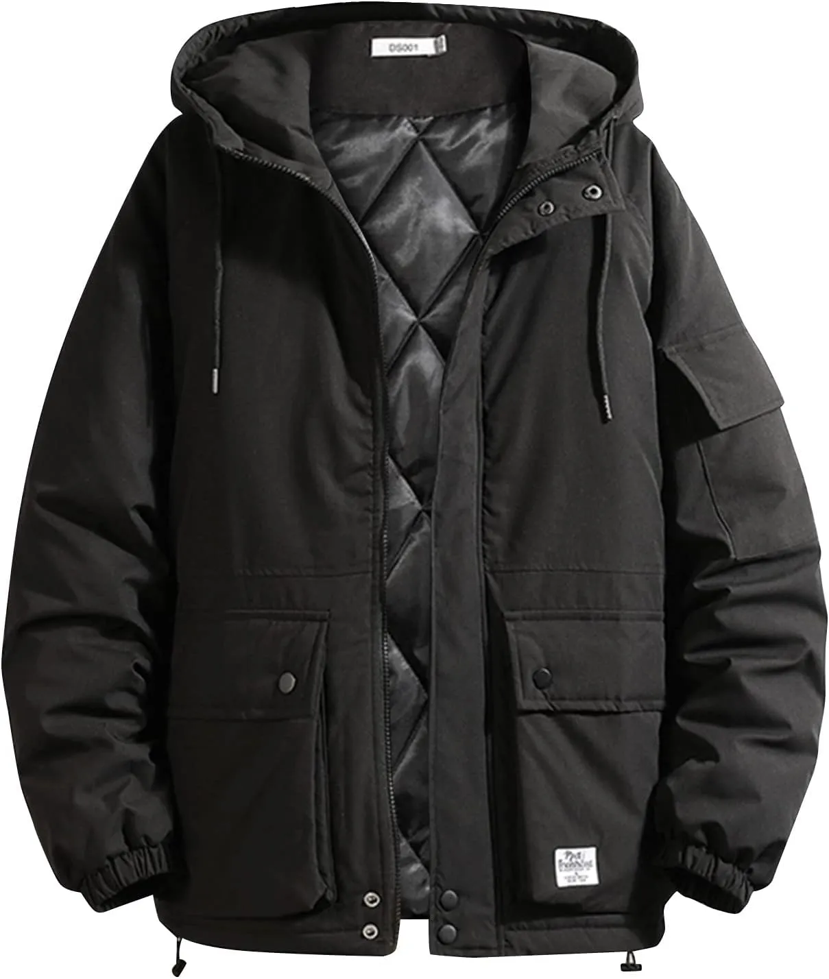 LCMTWX Men's Fleece Flannel Jackets Print Hooded Zipper Pocket Long Sleeve Shirt Patchwork Jacket Casual Loose Thickened