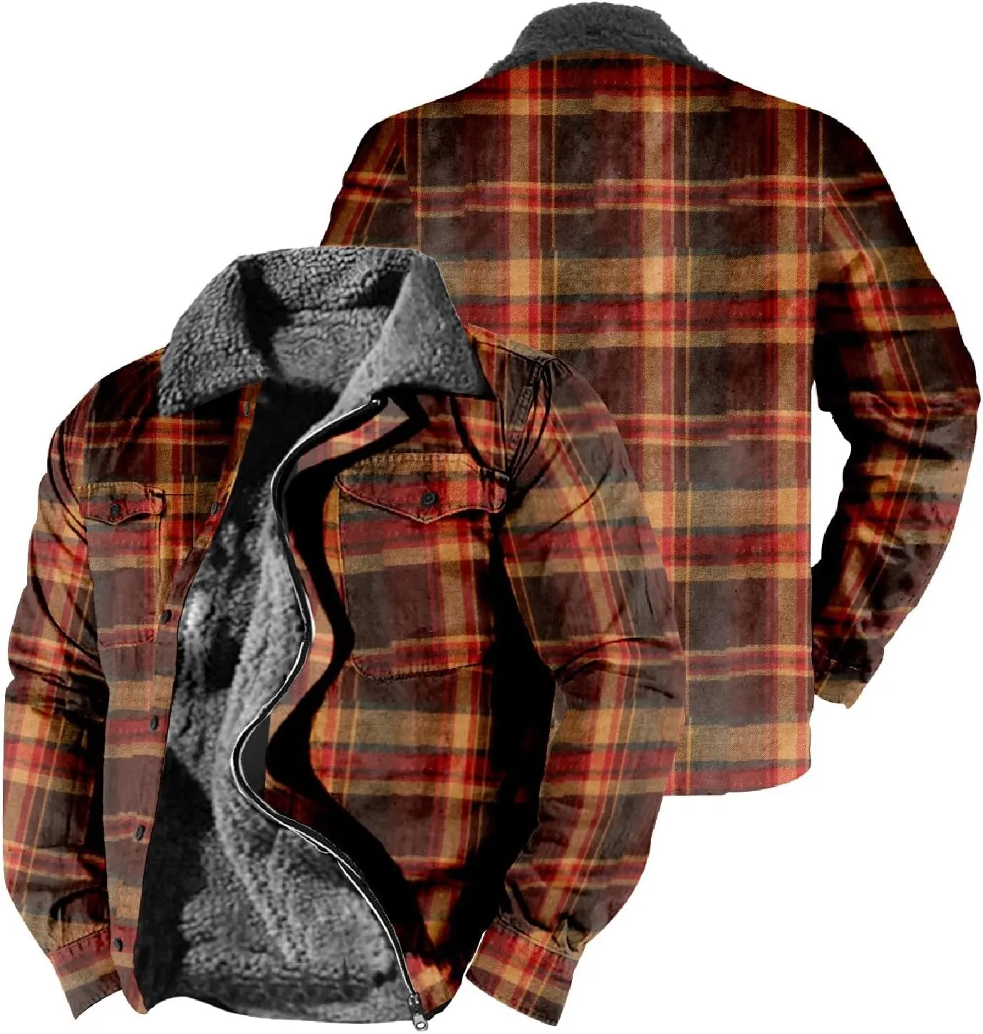 LCMTWX Winter Coat Men Plaid Casual Plaid Print Hooded Zipper Pocket Long Sleeve Shirt Patchwork Jacket Loose Thickened