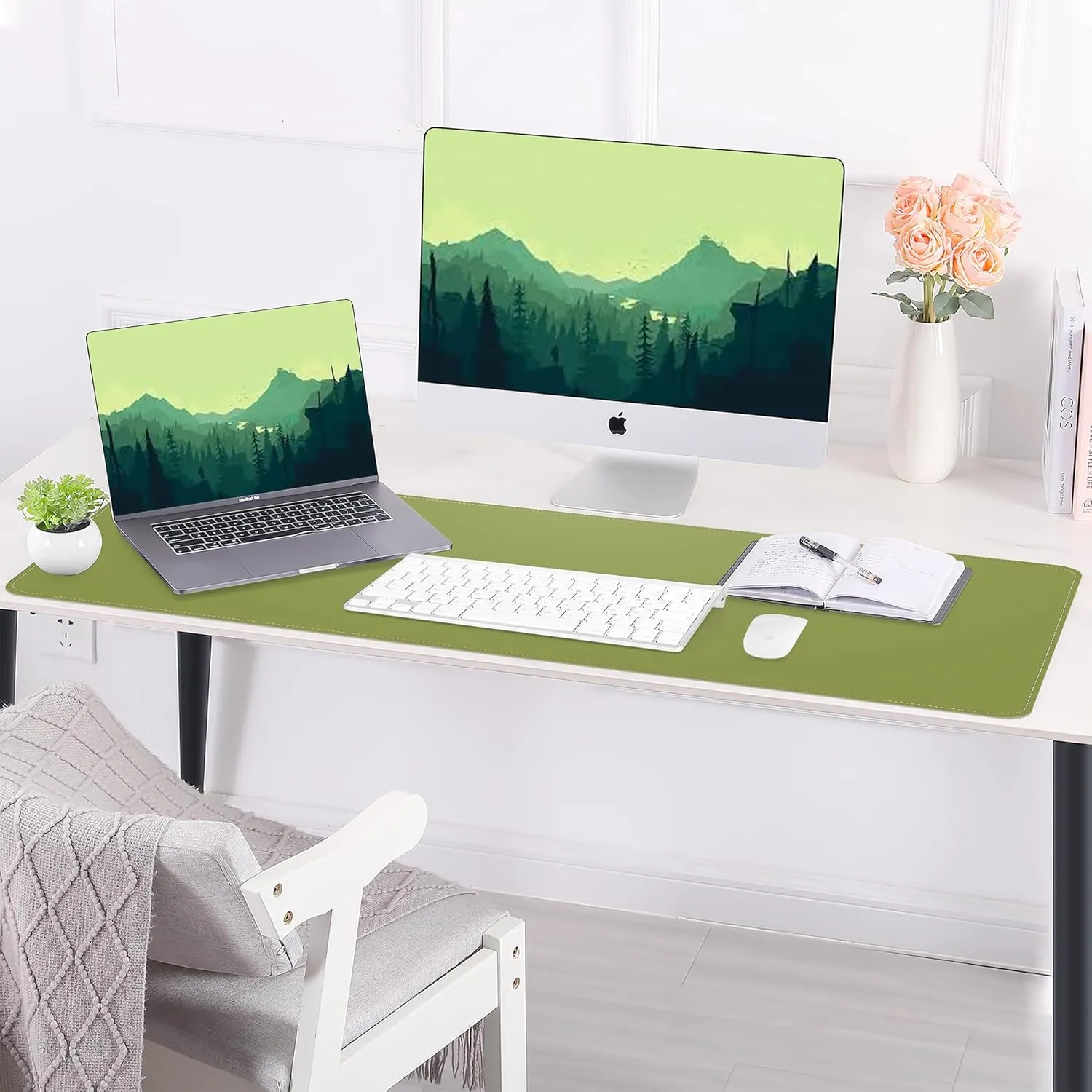 Leather Desk pad Protector, Large Desk mat with Natural Cork & PU Leather,Mouse pad,Non-Slip Office Desk Mat,Waterproof Desk Writing Pad for Office and Home (47in*17in, Olive Green)