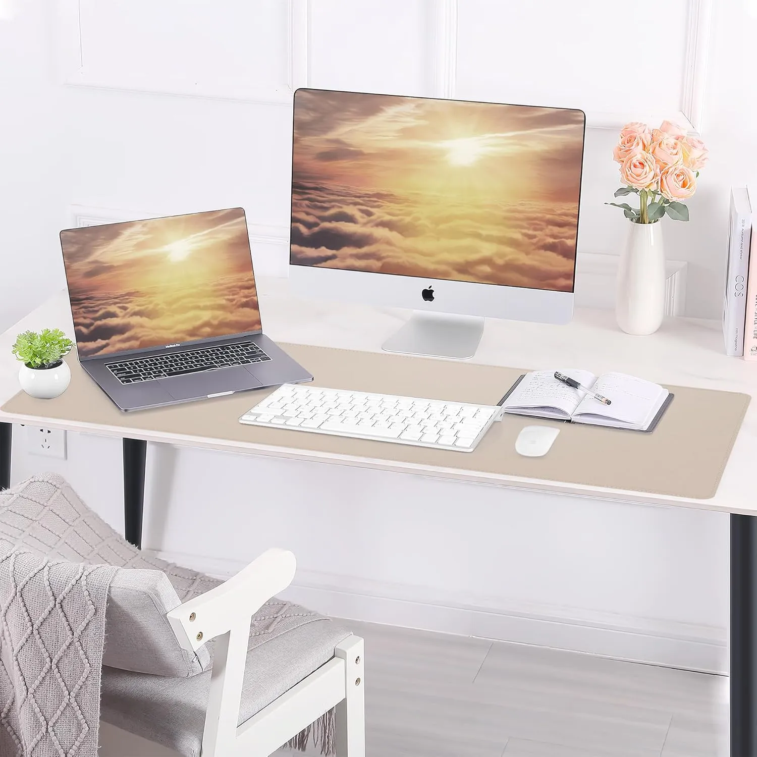 Leather Desk pad Protector, Large Desk mat with Natural Cork & PU Leather,Mouse pad,Non-Slip Office Desk Mat,Waterproof Desk Writing Pad for Office and Home (55in*17in,Beige)