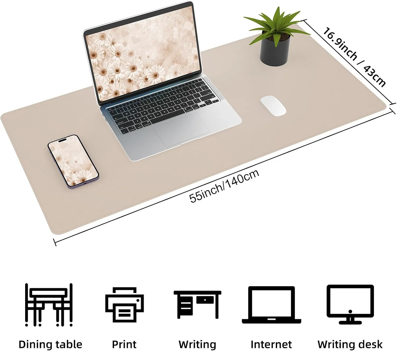 Leather Desk pad Protector, Large Desk mat with Natural Cork & PU Leather,Mouse pad,Non-Slip Office Desk Mat,Waterproof Desk Writing Pad for Office and Home (55in*17in,Beige)