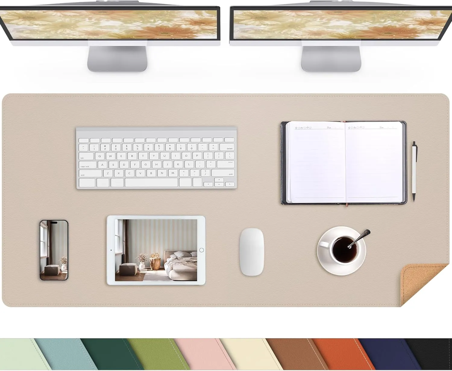 Leather Desk pad Protector, Large Desk mat with Natural Cork & PU Leather,Mouse pad,Non-Slip Office Desk Mat,Waterproof Desk Writing Pad for Office and Home (55in*17in,Beige)