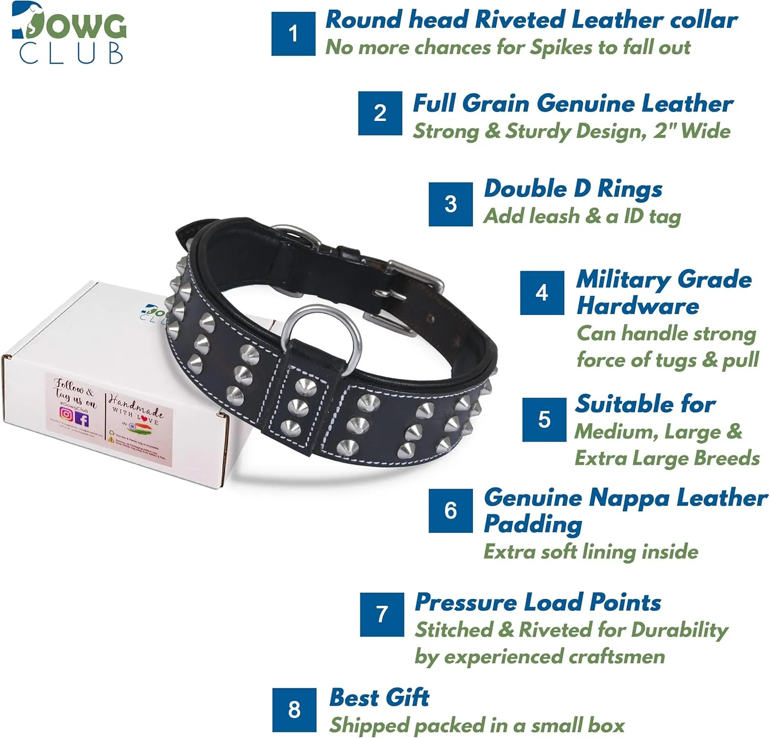Leather Studded Dog Collar for Large Dog | Brazier Rivet | 2 Inch Wide Dog Collar Black | Genuine, Saddle Grade, Heavy Duty, Cushion Padding | (L (Fit Neck Size 18.5"-22.5"), Black)
