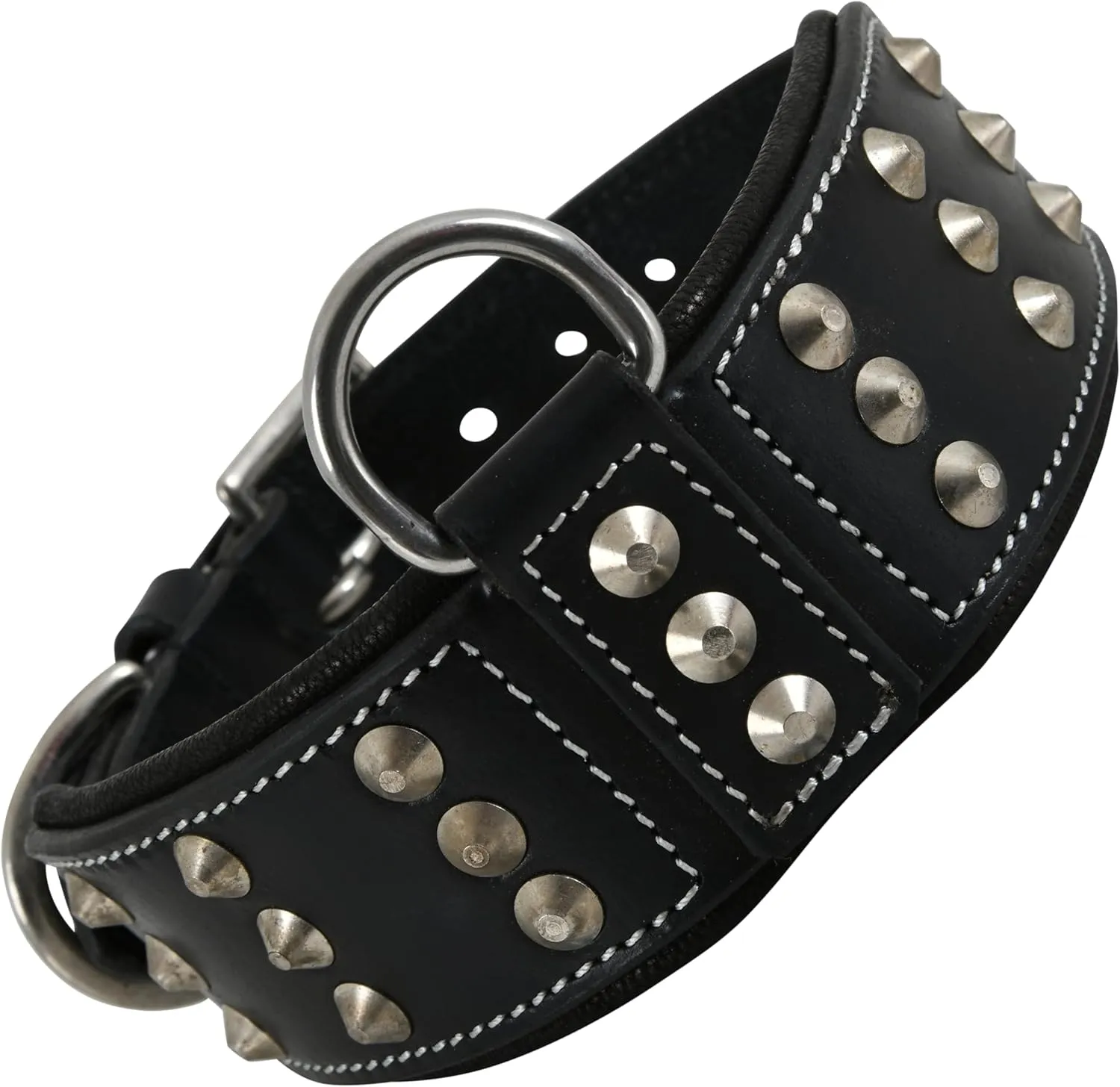 Leather Studded Dog Collar for Large Dog | Brazier Rivet | 2 Inch Wide Dog Collar Black | Genuine, Saddle Grade, Heavy Duty, Cushion Padding | (L (Fit Neck Size 18.5"-22.5"), Black)