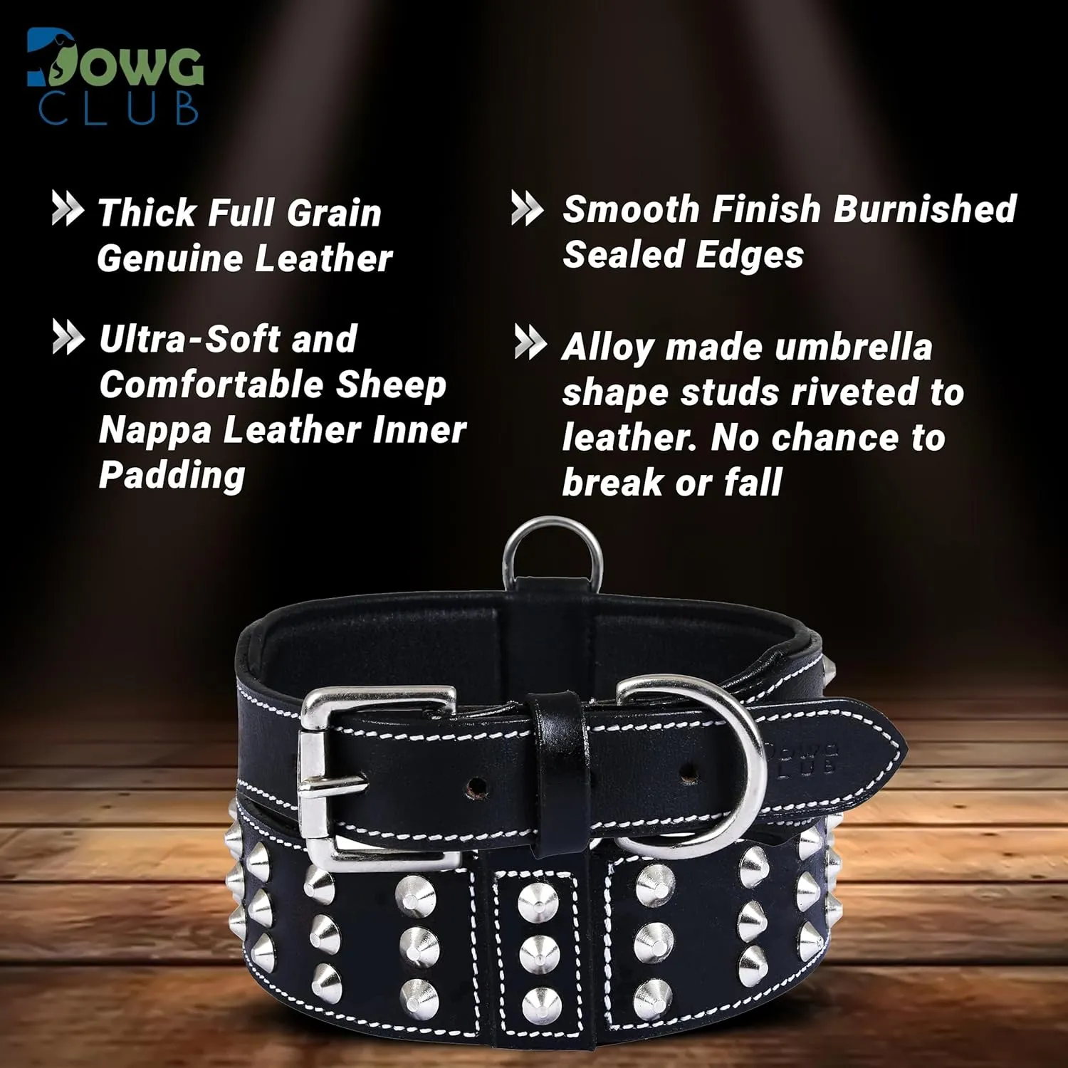 Leather Studded Dog Collar for Large Dog | Brazier Rivet | 2 Inch Wide Dog Collar Black | Genuine, Saddle Grade, Heavy Duty, Cushion Padding | (L (Fit Neck Size 18.5"-22.5"), Black)