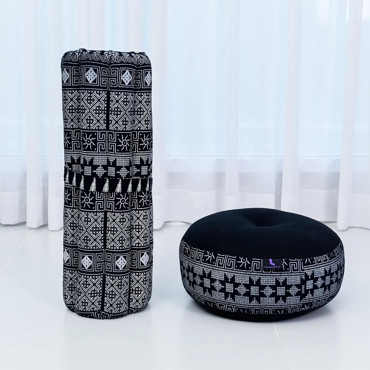 Leewadee Meditation Cushion Set – 1 Small Zafu Yoga Pillow and 1 Small Roll-Up Zabuton Mat Filled with Kapok