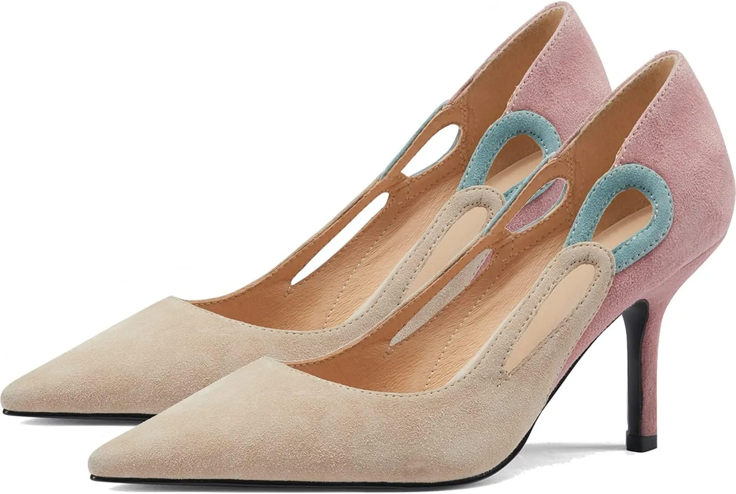 LEHOOR Women Kitten Heel Pumps Pointed Toe Suede Stilettos High Heel Dress Shoes Rainbow Slip On 2.5”Heels Cutout Sandals Multicolor Patchwork for Bridal Wedding Office Ladies Evening Party 4-11 M US