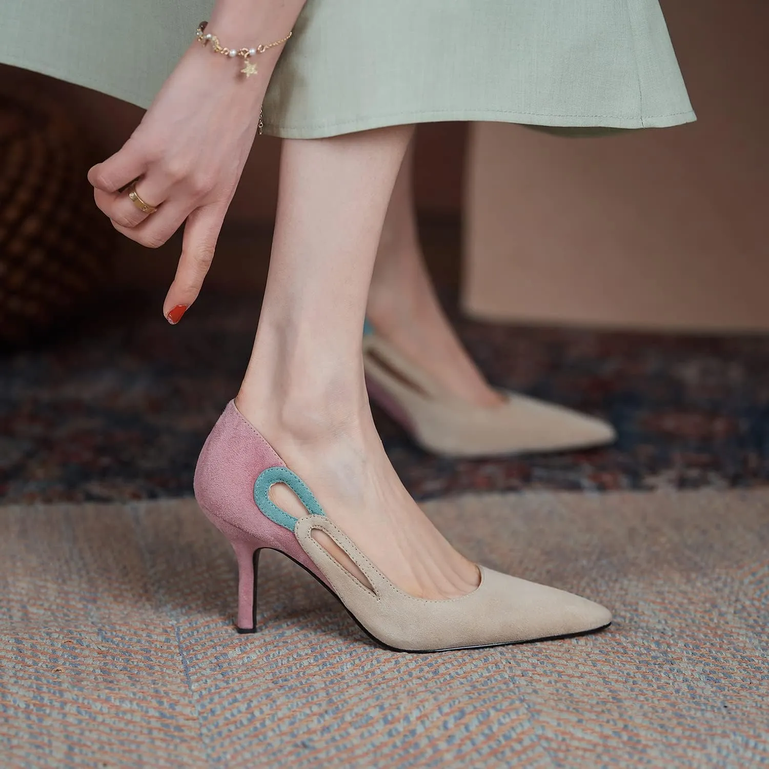 LEHOOR Women Kitten Heel Pumps Pointed Toe Suede Stilettos High Heel Dress Shoes Rainbow Slip On 2.5”Heels Cutout Sandals Multicolor Patchwork for Bridal Wedding Office Ladies Evening Party 4-11 M US