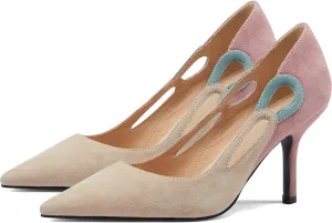 LEHOOR Women Kitten Heel Pumps Pointed Toe Suede Stilettos High Heel Dress Shoes Rainbow Slip On 2.5”Heels Cutout Sandals Multicolor Patchwork for Bridal Wedding Office Ladies Evening Party 4-11 M US