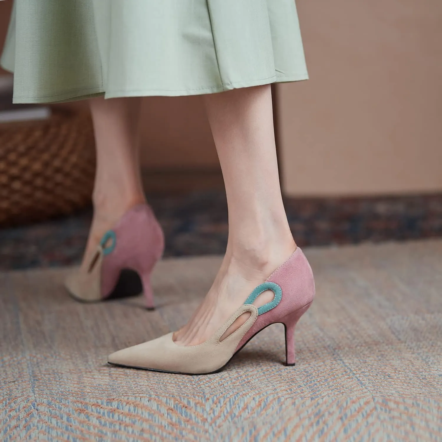 LEHOOR Women Kitten Heel Pumps Pointed Toe Suede Stilettos High Heel Dress Shoes Rainbow Slip On 2.5”Heels Cutout Sandals Multicolor Patchwork for Bridal Wedding Office Ladies Evening Party 4-11 M US