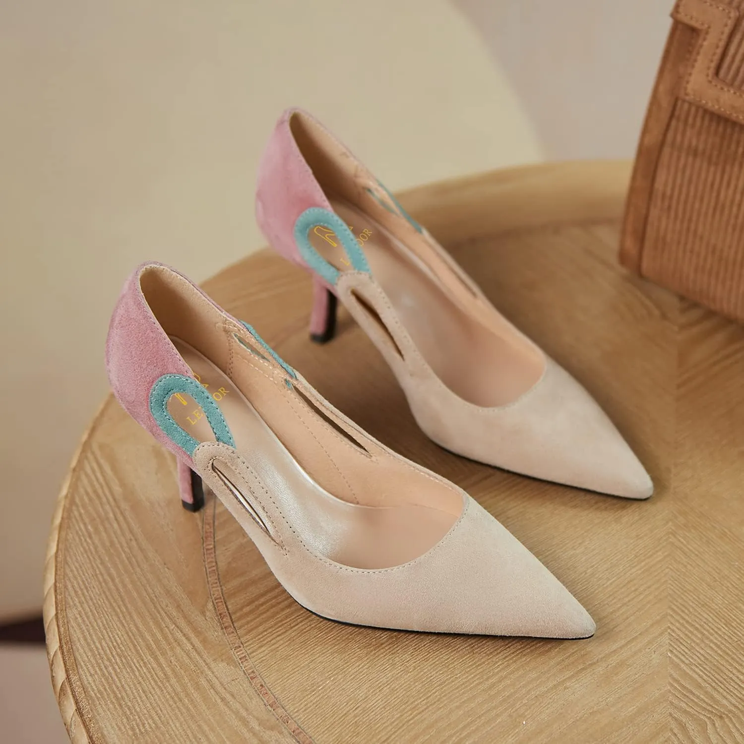 LEHOOR Women Kitten Heel Pumps Pointed Toe Suede Stilettos High Heel Dress Shoes Rainbow Slip On 2.5”Heels Cutout Sandals Multicolor Patchwork for Bridal Wedding Office Ladies Evening Party 4-11 M US