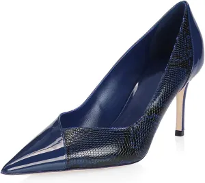 LEHOOR Women Snakeskin Stiletto High Heels Closed Pointed Toe Pumps Patchwork Cap Toe Slip on Stilettos Sandals 3 Inch Patent Sexy Thin High Heels Snake Print Party Dressy Wedding 4-11 M US