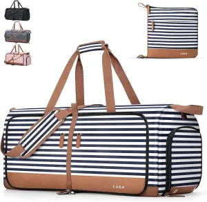 Lekesky Foldable Travel Duffle Bag for Women, 60L Large Duffel Bag with Separate Shoes Compartments & Straps, Carry On Weekend Bag for Women, Hospital, Overnight (Blue Stripes)