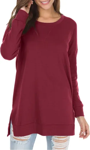 levaca Women's Fall Long Sleeve Side Split Loose Blouses Casual Pullover Tunic Tops