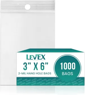 Levex - 3" x 6" (1000 Count) 2 Mil Clear Hang Hole Display Reclosable Zip Plastic Poly Bags with Resealable Lock Seal Zipper for Travel, Storage, Packaging & Shipping