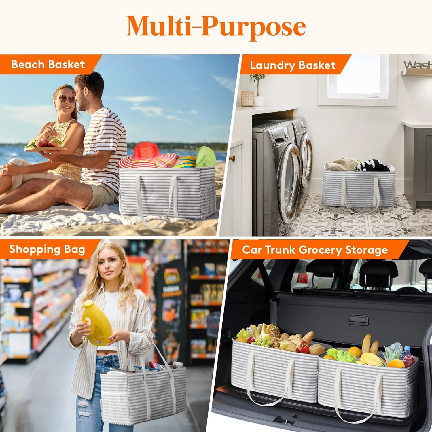 Lifewit Extra Large Tote Bag, Reusable Grocery Bags with Metal Wire Frame and Handles, Standing Utility Foldable Shopping Bags for Storage, Picnics, Beach, Pool, Laundry, Car, Camping, 2 Packs, Grey