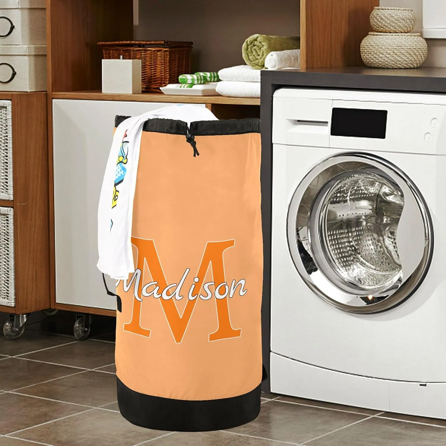 Light Orange Personalized Nylon Travel Laundry Bag for Luggage Custom Dirty Clothes Organizer with Drawstring Closure & Shoulder Straps Drawstring Hamper Liner for Apartment College Dorm Factories