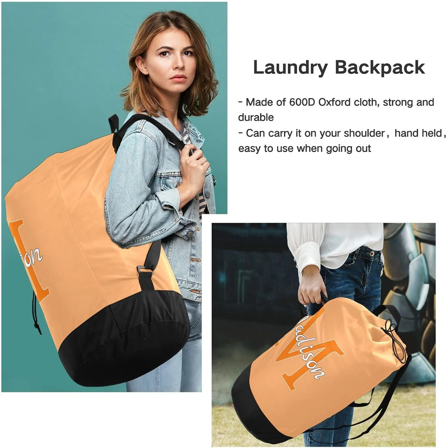 Light Orange Personalized Nylon Travel Laundry Bag for Luggage Custom Dirty Clothes Organizer with Drawstring Closure & Shoulder Straps Drawstring Hamper Liner for Apartment College Dorm Factories