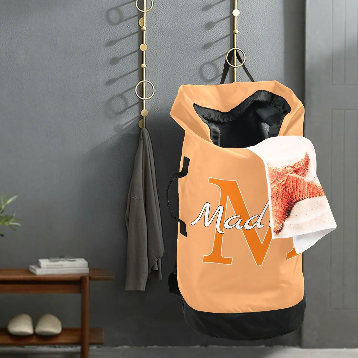 Light Orange Personalized Nylon Travel Laundry Bag for Luggage Custom Dirty Clothes Organizer with Drawstring Closure & Shoulder Straps Drawstring Hamper Liner for Apartment College Dorm Factories