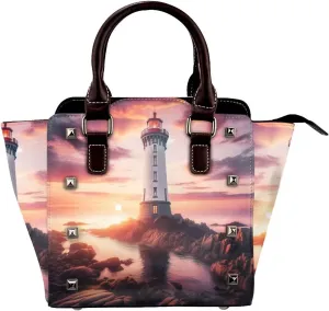 Lighthouse-Sunset-Ocean-Sea Pu Leather Crossbody Studded Bag, Fashionable Shoulder Handbag With Detachable Shoulder Strap