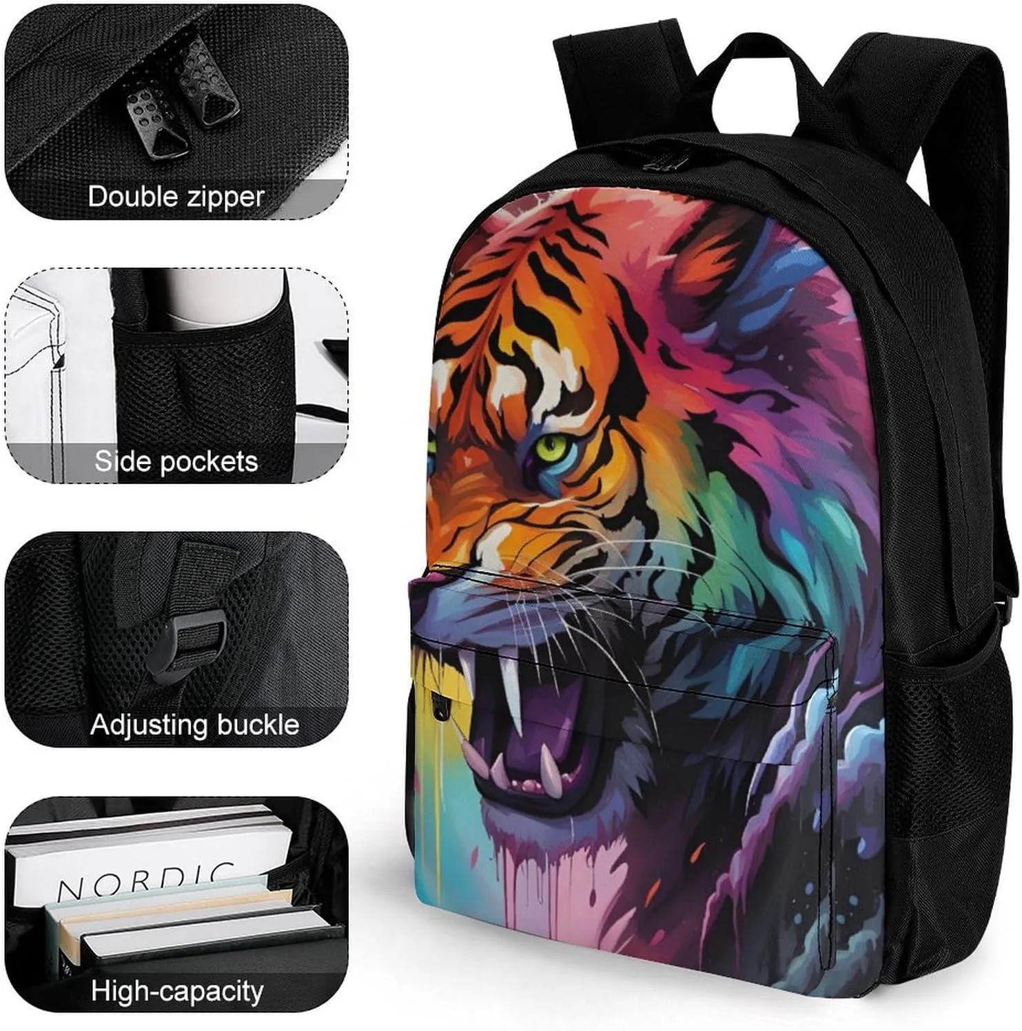 Lightweight Daypack for Camping Business Walking Cycling - Large Capacity Anti-Theft Multipurpose Bookbag, Angry Tiger Rainbow Animal Magic Art Gym Outdoor Hiking Backpack