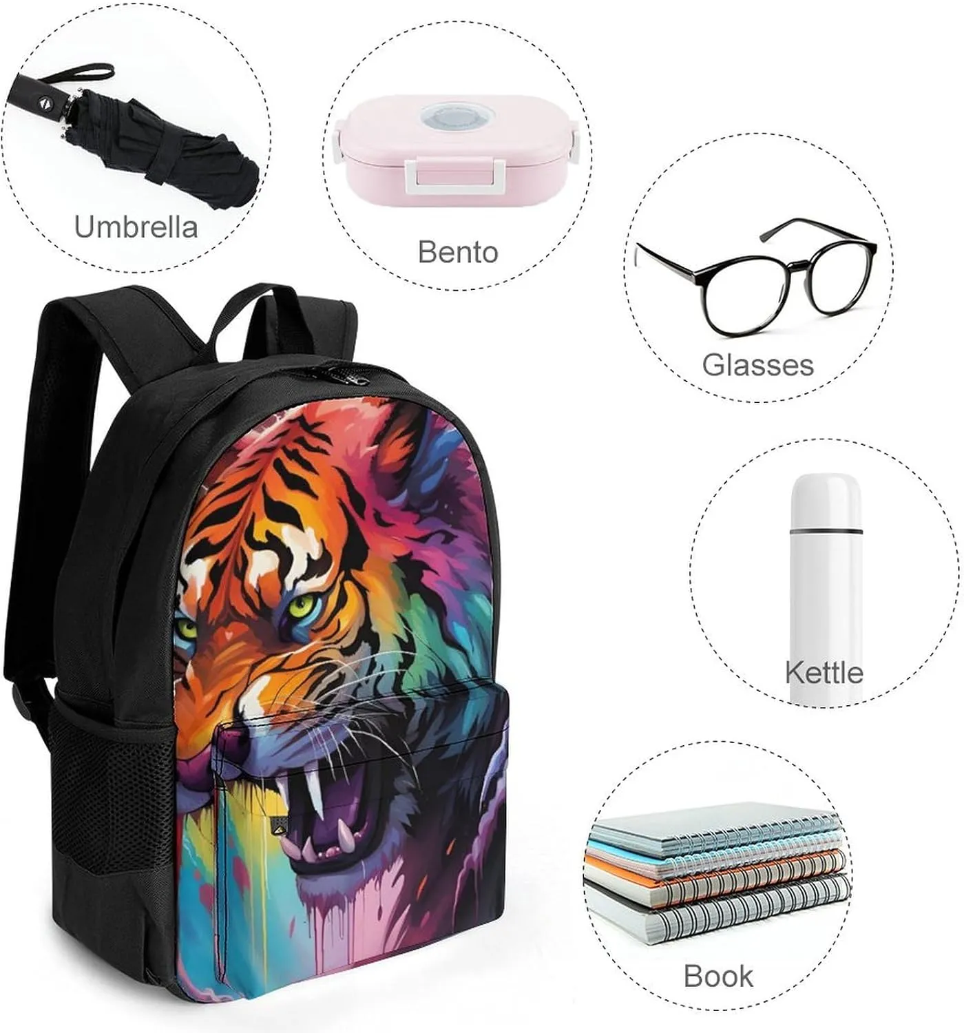 Lightweight Daypack for Camping Business Walking Cycling - Large Capacity Anti-Theft Multipurpose Bookbag, Angry Tiger Rainbow Animal Magic Art Gym Outdoor Hiking Backpack