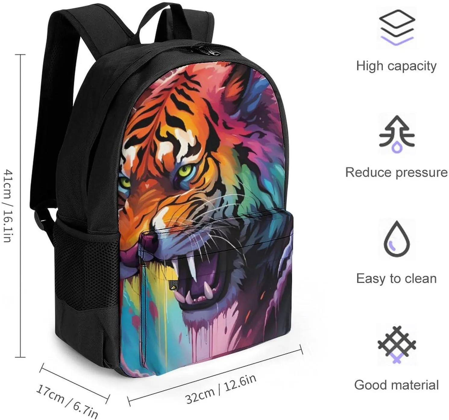 Lightweight Daypack for Camping Business Walking Cycling - Large Capacity Anti-Theft Multipurpose Bookbag, Angry Tiger Rainbow Animal Magic Art Gym Outdoor Hiking Backpack