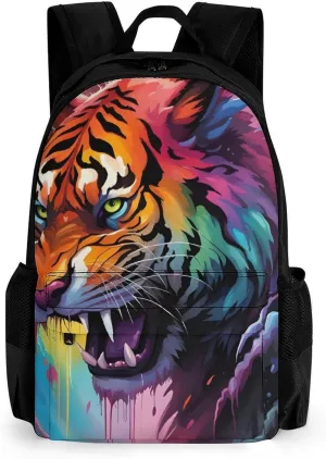 Lightweight Daypack for Camping Business Walking Cycling - Large Capacity Anti-Theft Multipurpose Bookbag, Angry Tiger Rainbow Animal Magic Art Gym Outdoor Hiking Backpack
