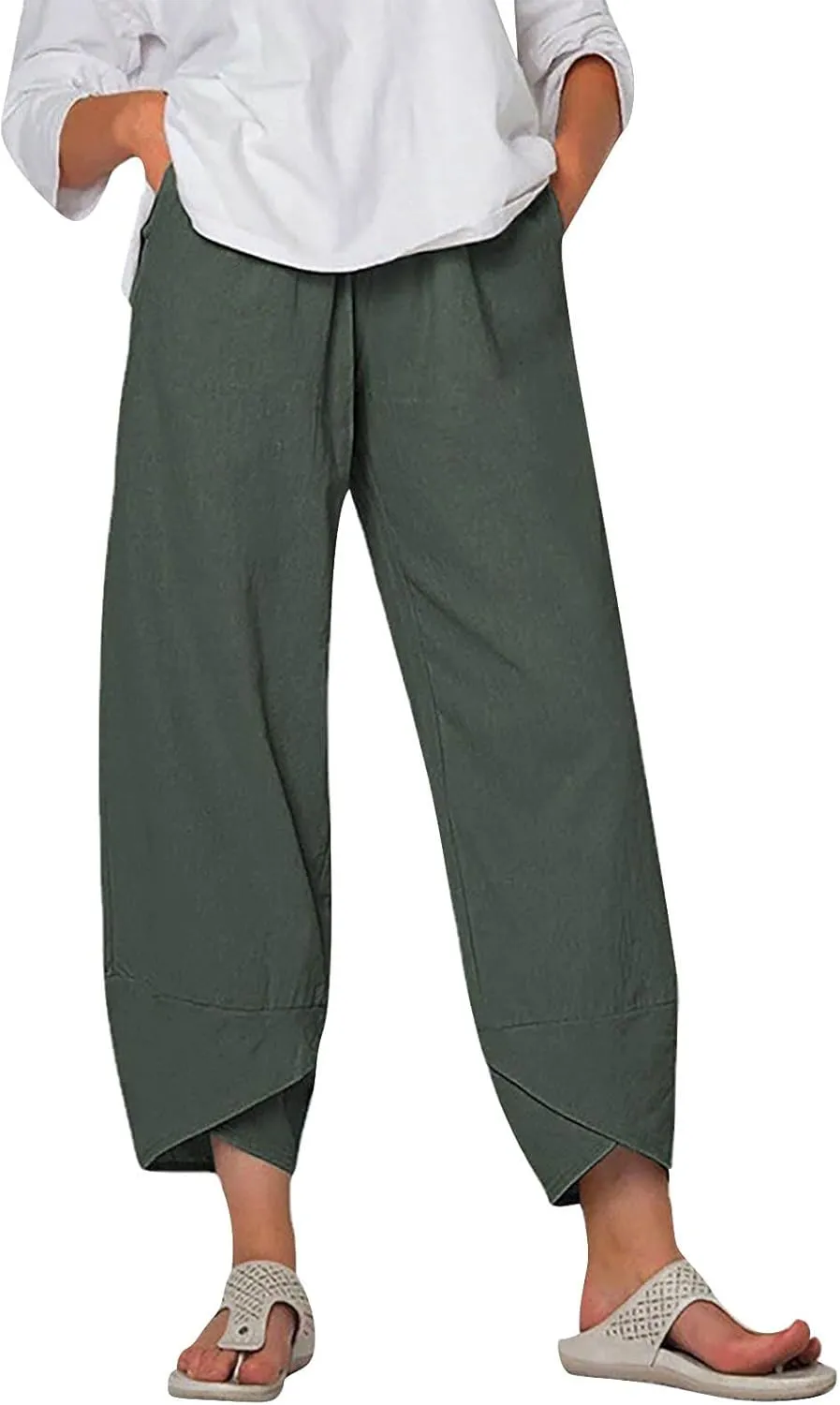 Linen Pants Women Capri Pants Casual Cropped Baggy Trousers Elastic Waisted Yoga Comfy Loose Palazzo Lounge Pants