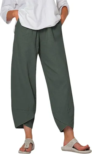 Linen Pants Women Capri Pants Casual Cropped Baggy Trousers Elastic Waisted Yoga Comfy Loose Palazzo Lounge Pants