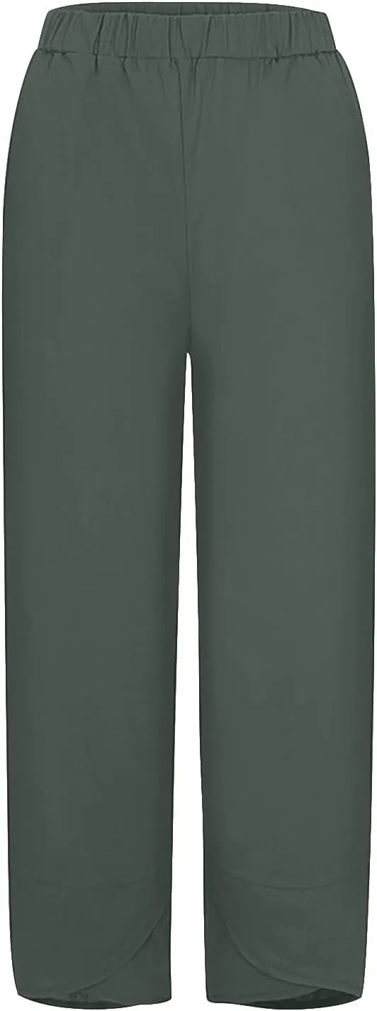 Linen Pants Women Capri Pants Casual Cropped Baggy Trousers Elastic Waisted Yoga Comfy Loose Palazzo Lounge Pants