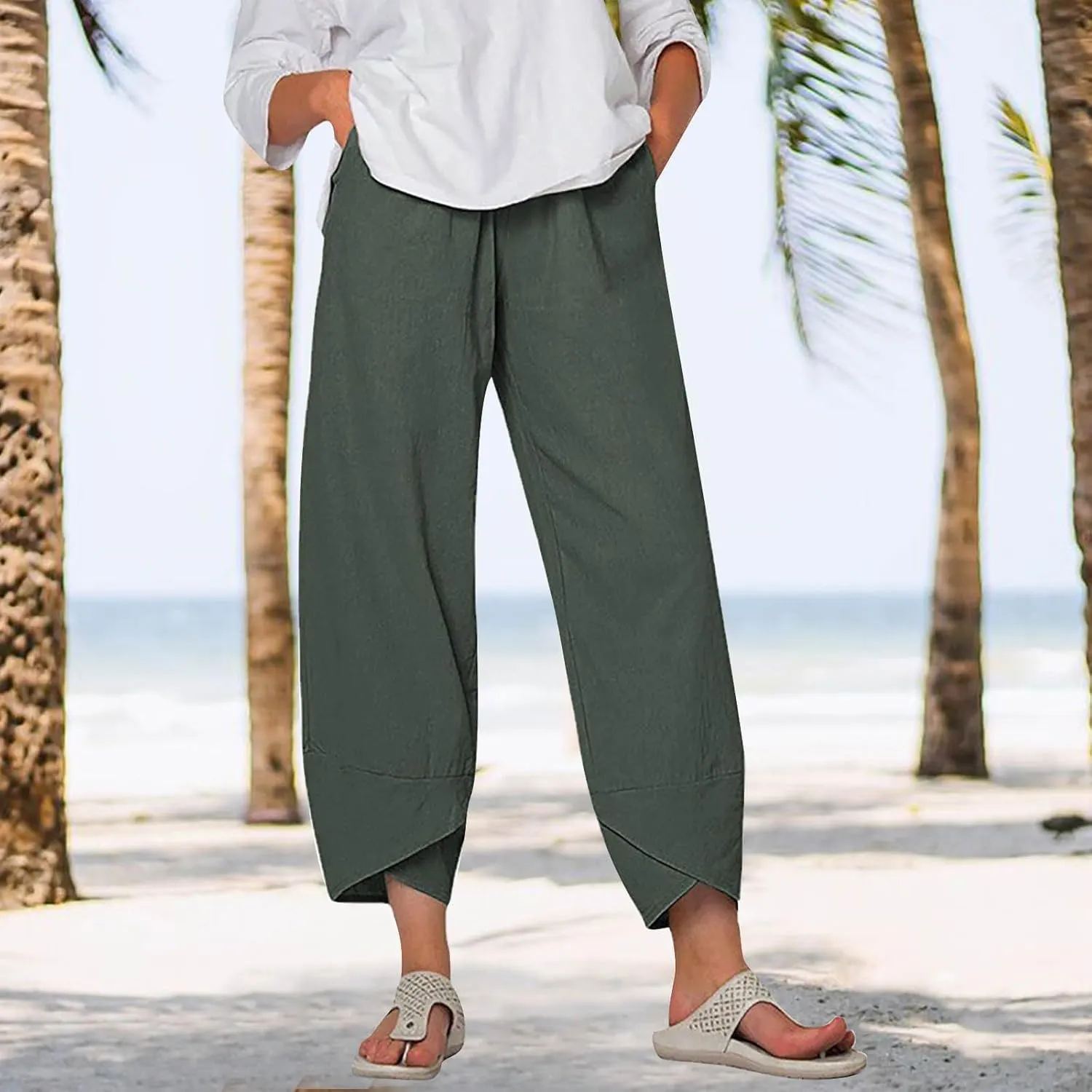 Linen Pants Women Capri Pants Casual Cropped Baggy Trousers Elastic Waisted Yoga Comfy Loose Palazzo Lounge Pants