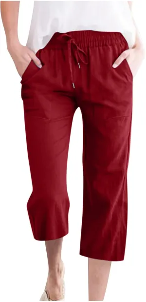Linen Summer Pants for Women 2024 Wide Leg Capris Palazzo Capri Pants Dressy Causal Gauze Pants with Pockets