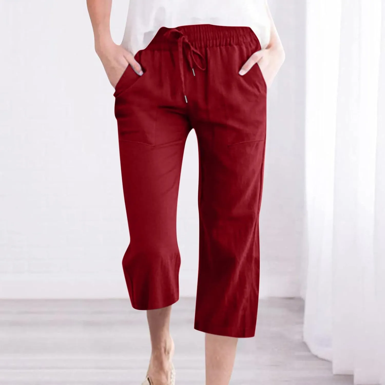 Linen Summer Pants for Women 2024 Wide Leg Capris Palazzo Capri Pants Dressy Causal Gauze Pants with Pockets