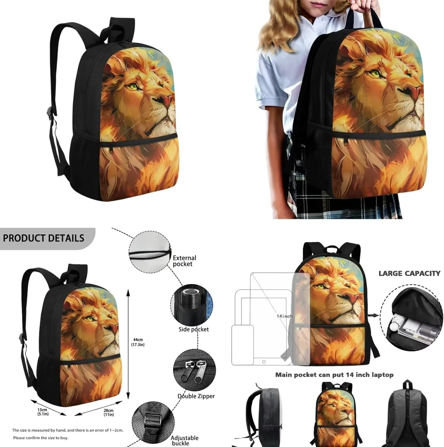 Lion Backpack for Kids Girls Backpack with Lunch Box Water Bottle Bag and Big Pencil Case 4PCS Set Bookbag with Front Pocket for School 17" Large Capacity School Bag with Side Pocket for Boys