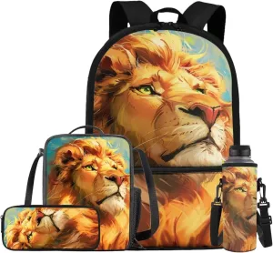 Lion Backpack for Kids Girls Backpack with Lunch Box Water Bottle Bag and Big Pencil Case 4PCS Set Bookbag with Front Pocket for School 17" Large Capacity School Bag with Side Pocket for Boys