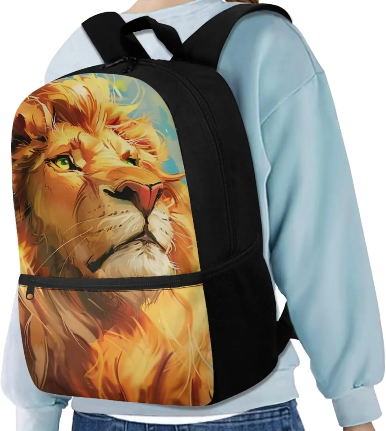 Lion Backpack for Kids Girls Backpack with Lunch Box Water Bottle Bag and Big Pencil Case 4PCS Set Bookbag with Front Pocket for School 17" Large Capacity School Bag with Side Pocket for Boys