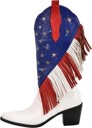 LISHAN Women's Western Boots Pull On Block Heels Fringed Cowboy Diamante Boots