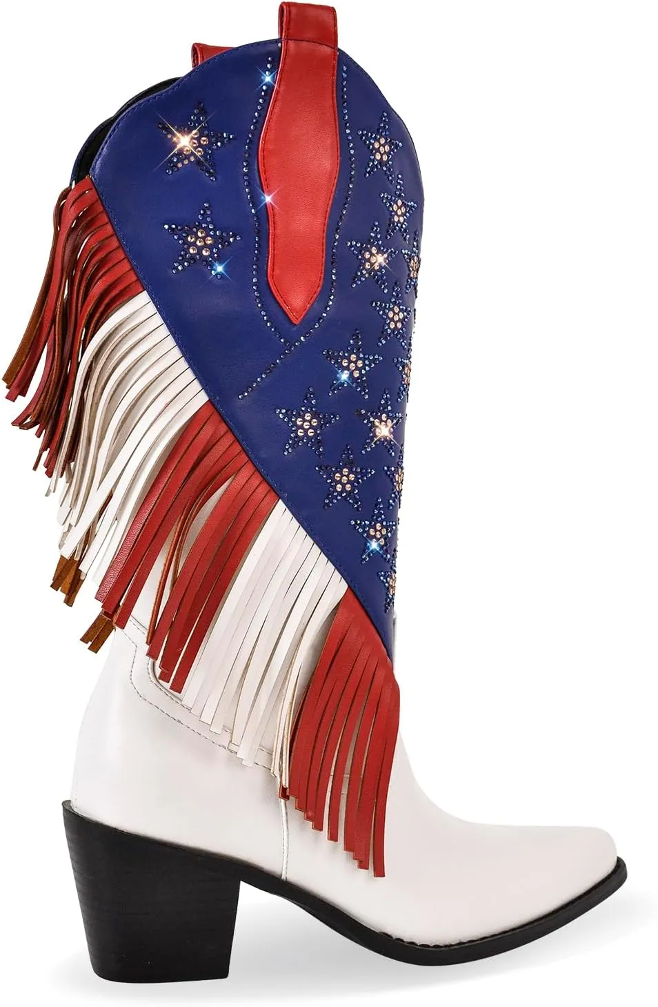 LISHAN Women's Western Boots Pull On Block Heels Fringed Cowboy Diamante Boots