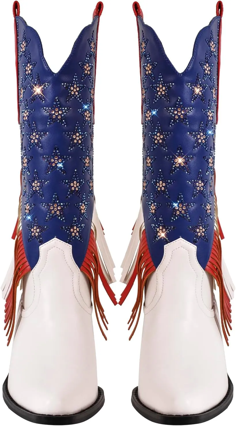 LISHAN Women's Western Boots Pull On Block Heels Fringed Cowboy Diamante Boots
