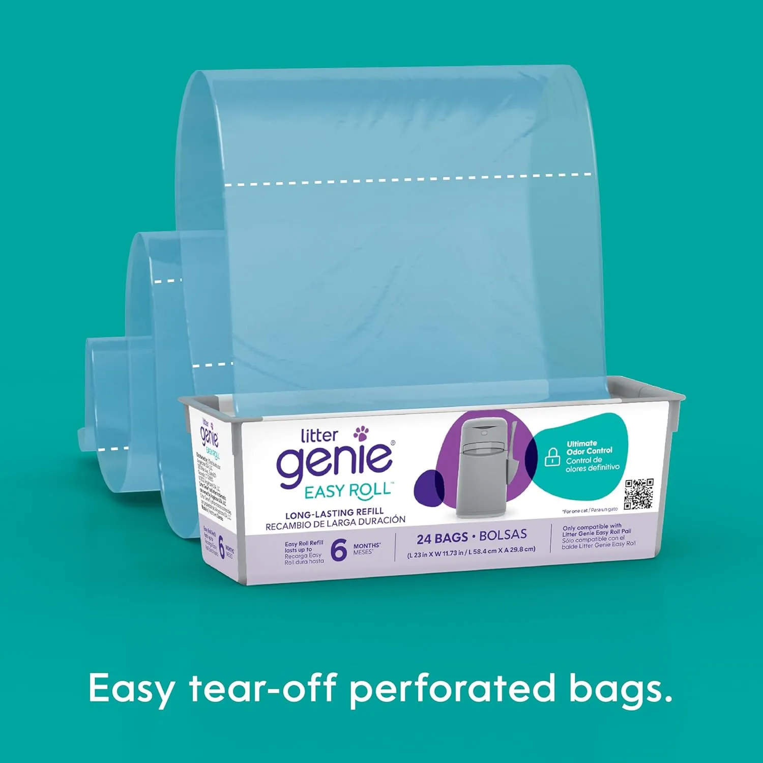 Litter Genie Easy Roll Refill Bags (1-Pack) | Includes a 6-month long lasting roll of 24 Bags | Ultimate Odor Control Cat Litter Bags