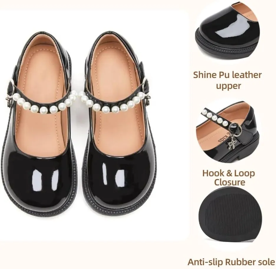 Little Girls Mary Jane Ballerina Ballet Flats for School Wedding Party - Pearl Strap Toddler Flower Girl Dress Shoes